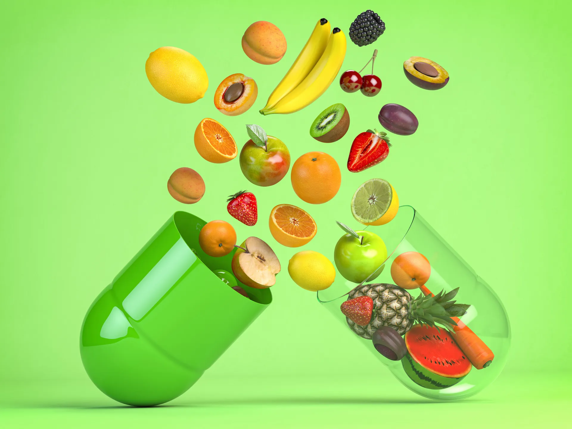 Pill bursting with fruits and veggies for health & nutrition consulting